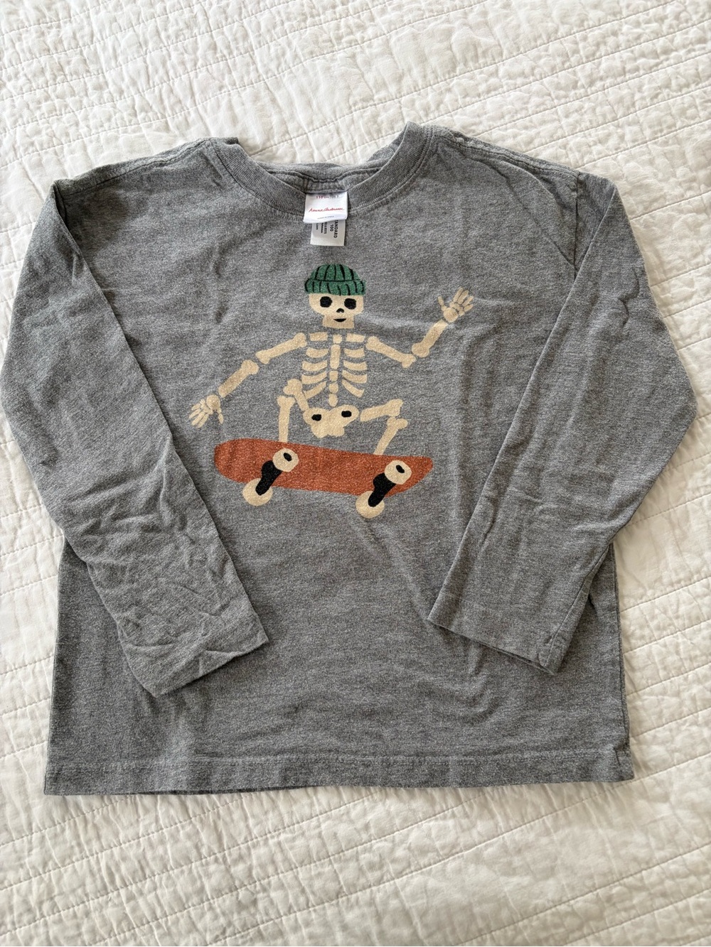 Hanna Andersson Gray Long-Sleeve Tee with Skateboarding Skeleton Graphic